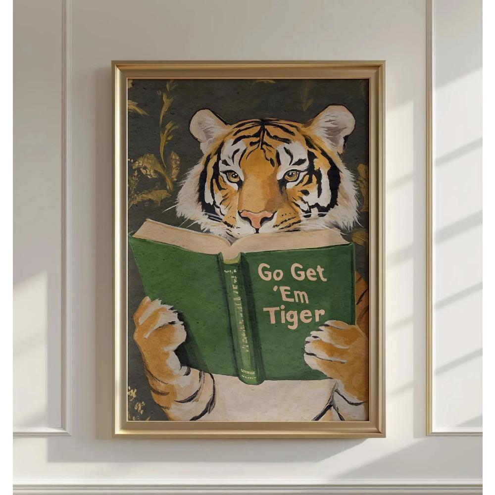 A Motivational Tiger Reading Canvas Art Print, Funny Animal Wall Art Poster, Humorous Bookworm Artwork, Frameless Wall Decor 21X30CMNo Framed