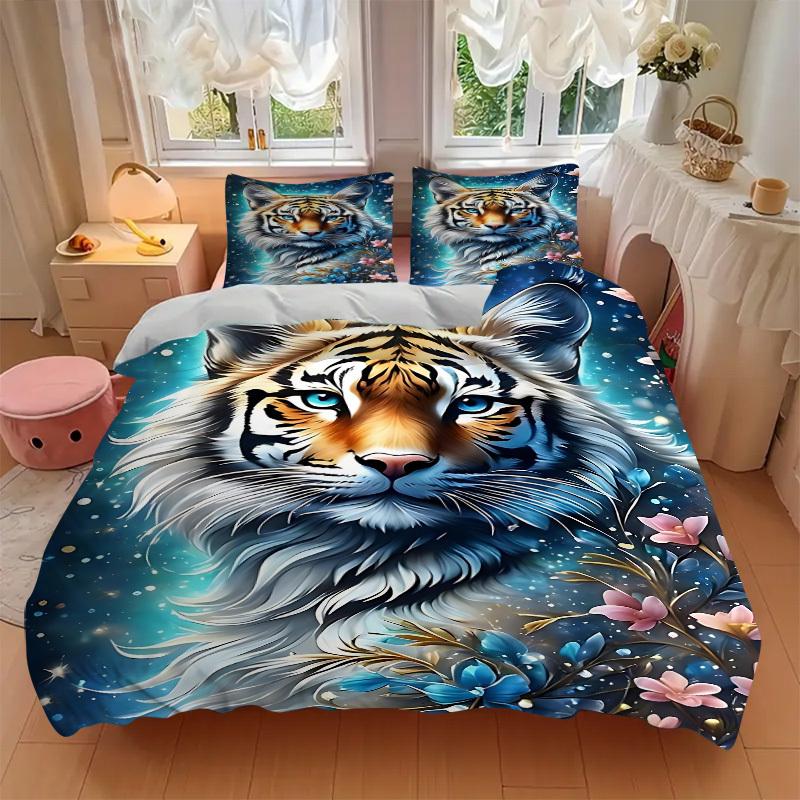3pcs Tiger Fantasy Flowers Duvet Cover Set, Soft Comfortable Duvet Cover,Guest Room (1*Duvet Cover + 2*Pillowcase, Without Core) Yy251104130