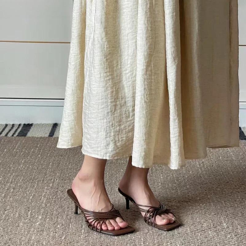 2025 New Summer Concise Narrow Band Women Slippers Fashion Thin Heels Party Pumps Mules Slide Shoes