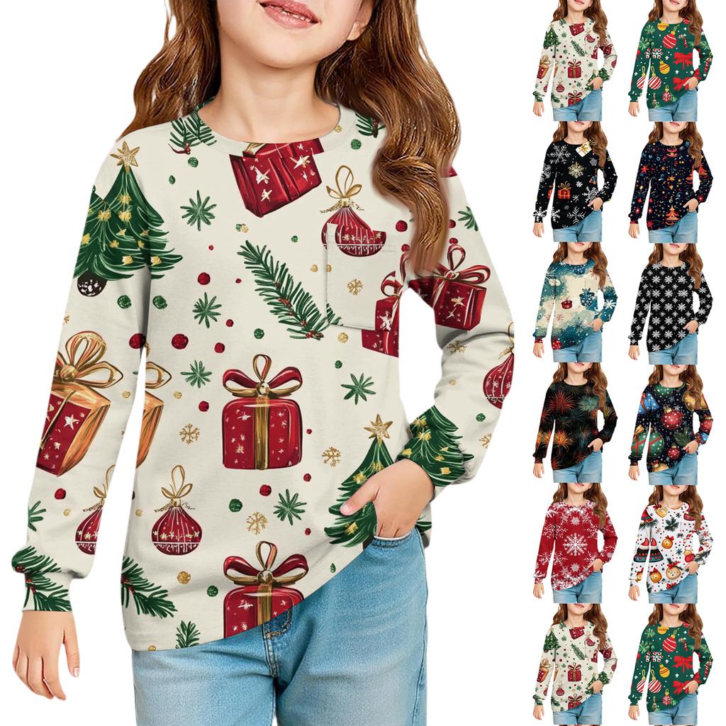 Christmas Day Girls' Long Sleeve Blouse - Round Neck Soft Waist Tunic
