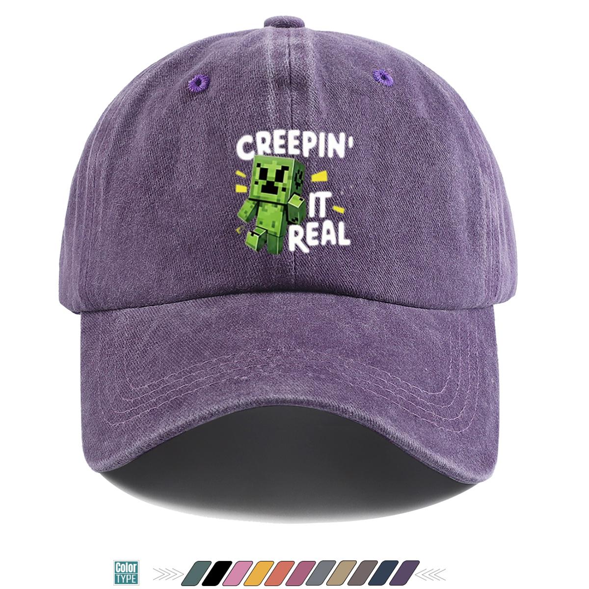 pc blockbased Game Creeper Print Baseball Cap Creative Pixel Art Style Green Crawler Pattern Fun English CREEPIN IT REAL 1pc