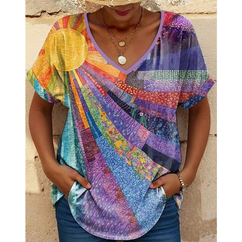 Colorful Floral Pattern Women's T-shirt Summer Outdoor Casual V-neck Short-sleeved Top OverSize Women's Clothing