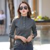 Katoenen coltrui T-shirt Lente Vrouwen Koreaans Lange Mouw T-shirt Knoop Dames Casual Tops De Solid Camisetas Mujer
