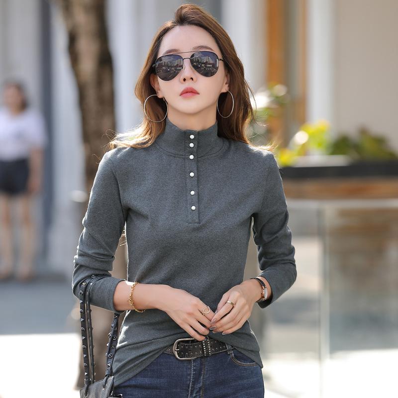 Katoenen coltrui T-shirt Lente Vrouwen Koreaans Lange Mouw T-shirt Knoop Dames Casual Tops De Solid Camisetas Mujer