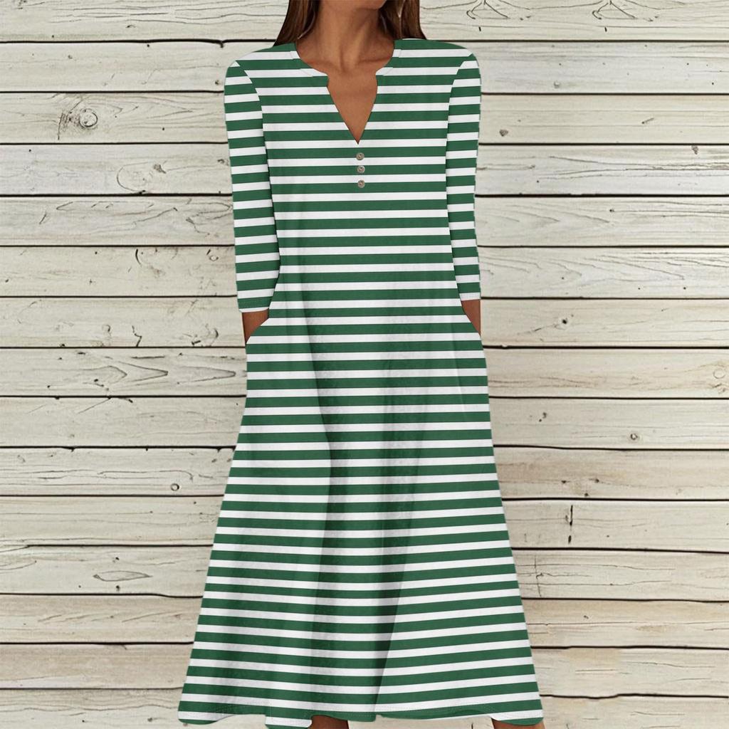 Women's Summer Casual V-Neck Button Stripe Printed Three-quarter Sleeve Long Dress With Pockets