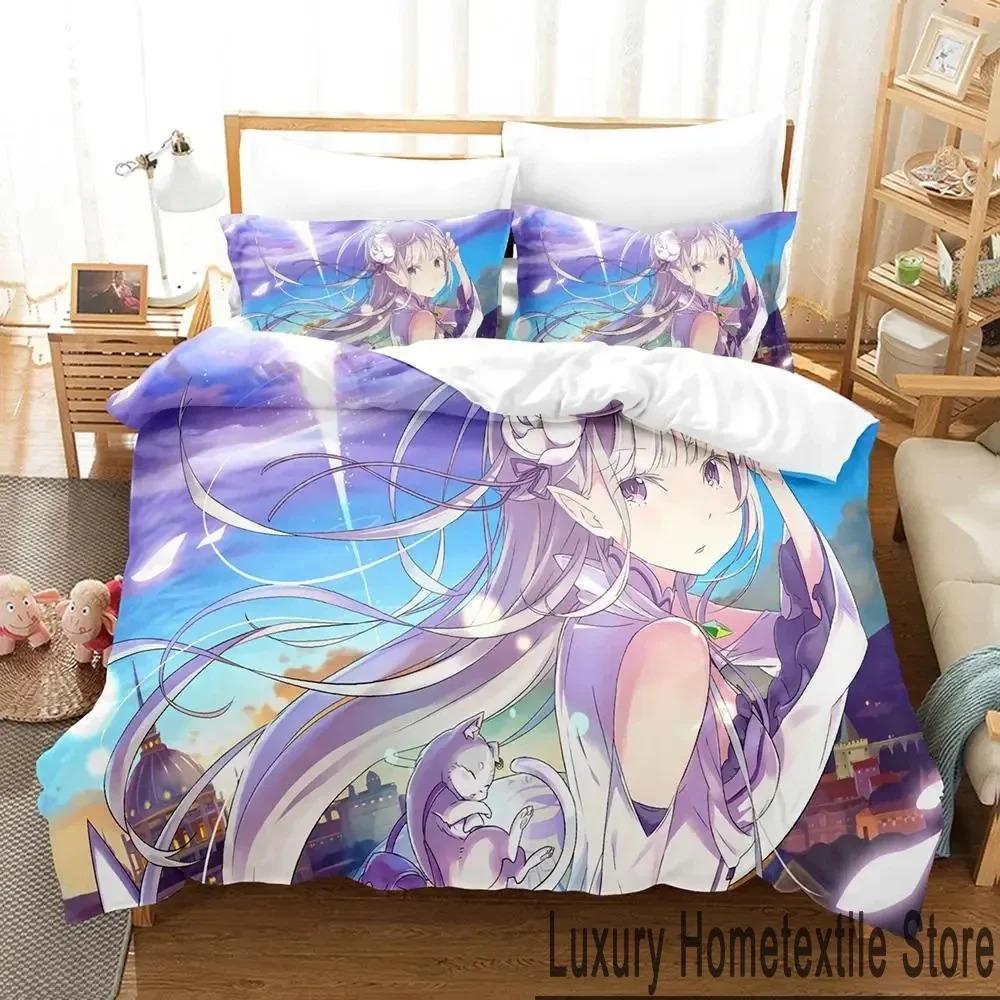 3D Anime Re Zero Rem Ram Emilia Bedding Set Duvet Cover Bed Set Quilt Cover Pillowcase Comforter King Queen Size Boys Adult