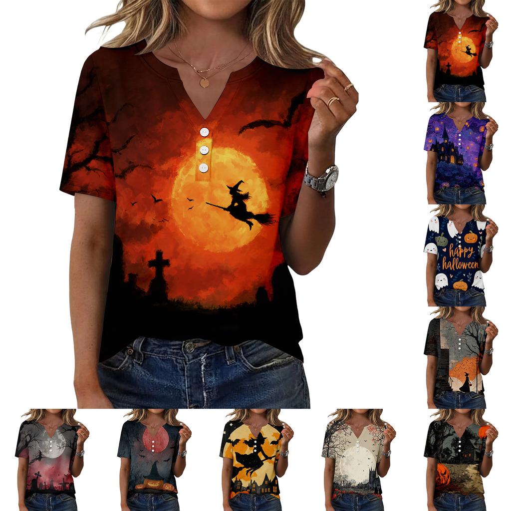Womens Halloween Print V Neck Short Sleeve Button T Shirt Casual Loose Fit Top with Pumpkin and Bat Design Suitable for Daily Wear