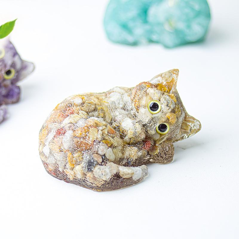 Resin Filled Natural Crystal Sleeping Cat Decor With Gift Box For Home Office Display