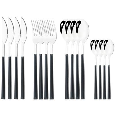 16pcs Black Silver Stainless Steel Cutlery Set Imitation Wooden Handle Dinnerware Knife Fork Spoons Silverware Clamp Western Tableware