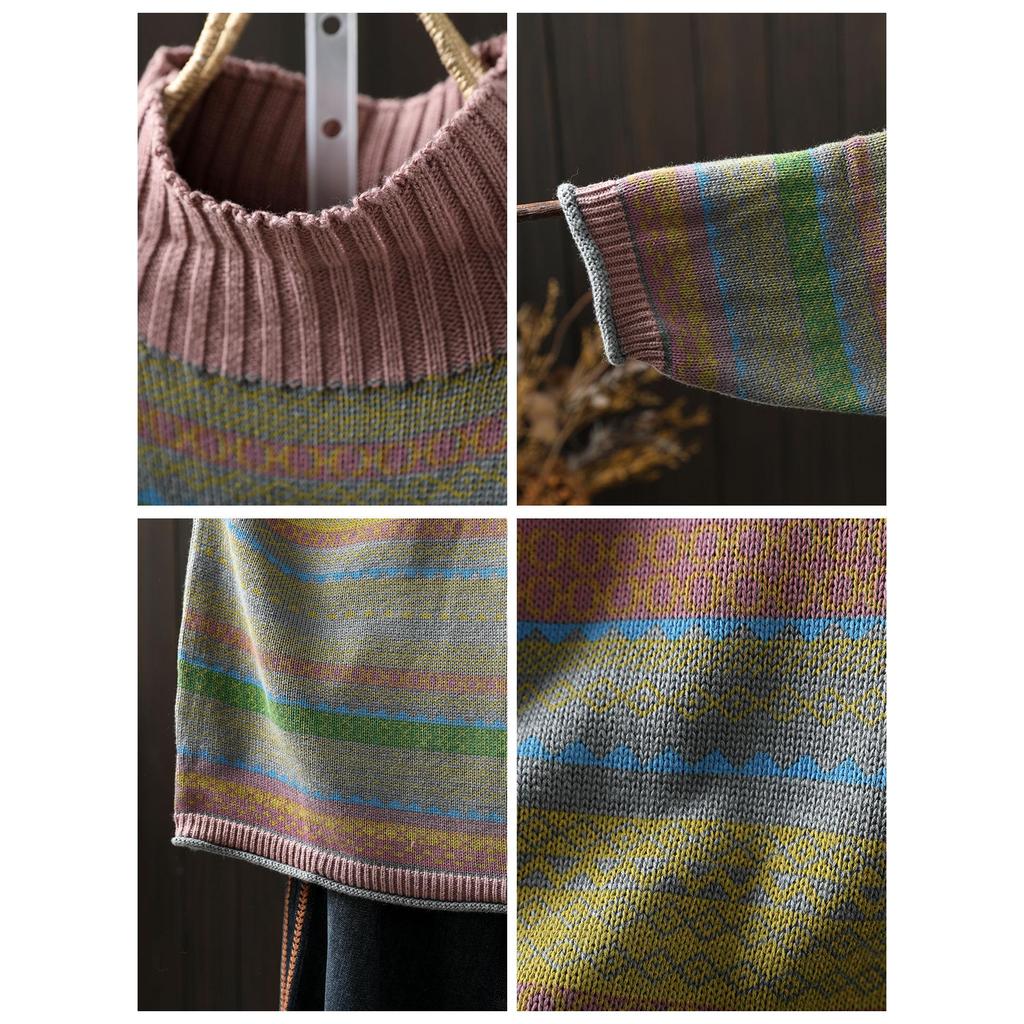 Winter Women's Colorful Striped Oversized Knit Sweater with Half-High Collar
