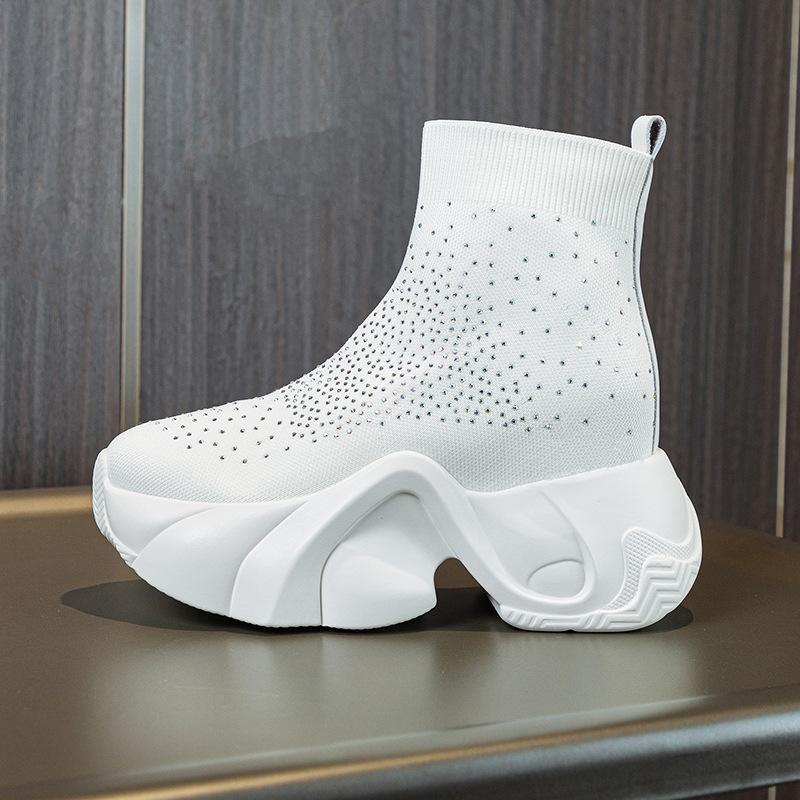 Hot Selling Knitted Socks Boots for Women 2025 Autumn Thick Soled Rhinestone Knitting Shoes Casual Inner Increase Elastic Boots