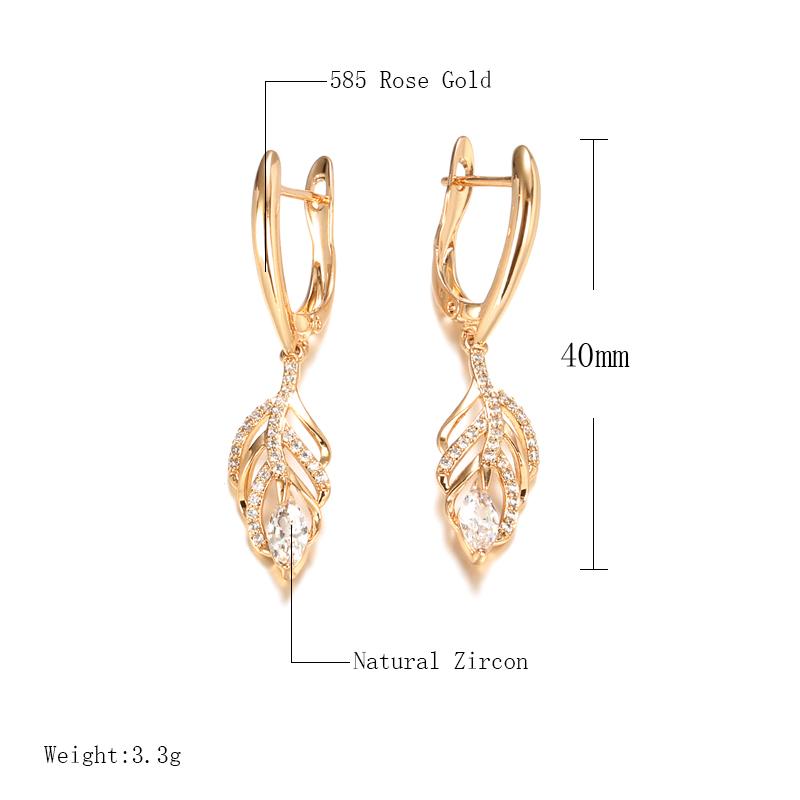 Rose Gold Color Leaf Long Dangle Earrings For Women Fashion Natural Zircon Accessories Daily Fine Vintage Jewelry