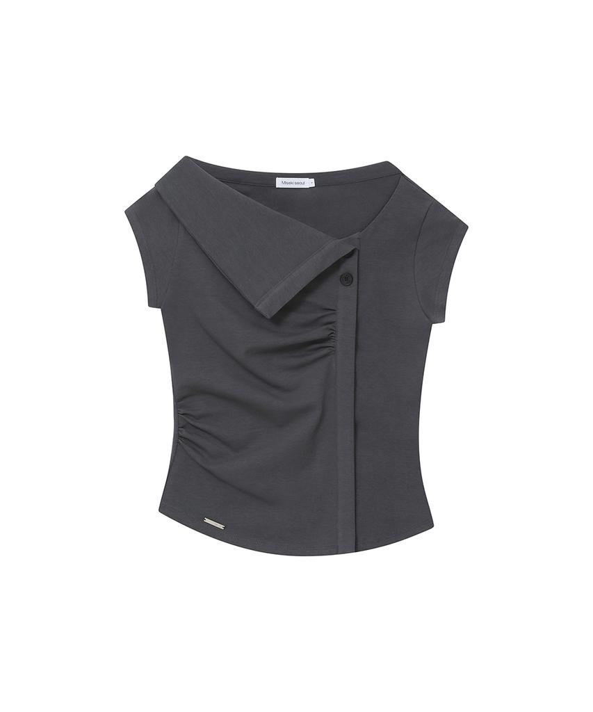 MISEKI SEOUL Folding Collar Shirring Top Charcoal