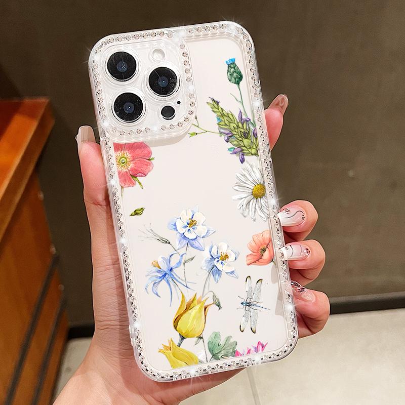 Luxury Floral Pattern Clear Shockproof Case For iPhone 16 Pro Max 16E 15 14 Pro 13 12 11 Diamond Frame Anti-Fall Soft Silicone Phone Cover
