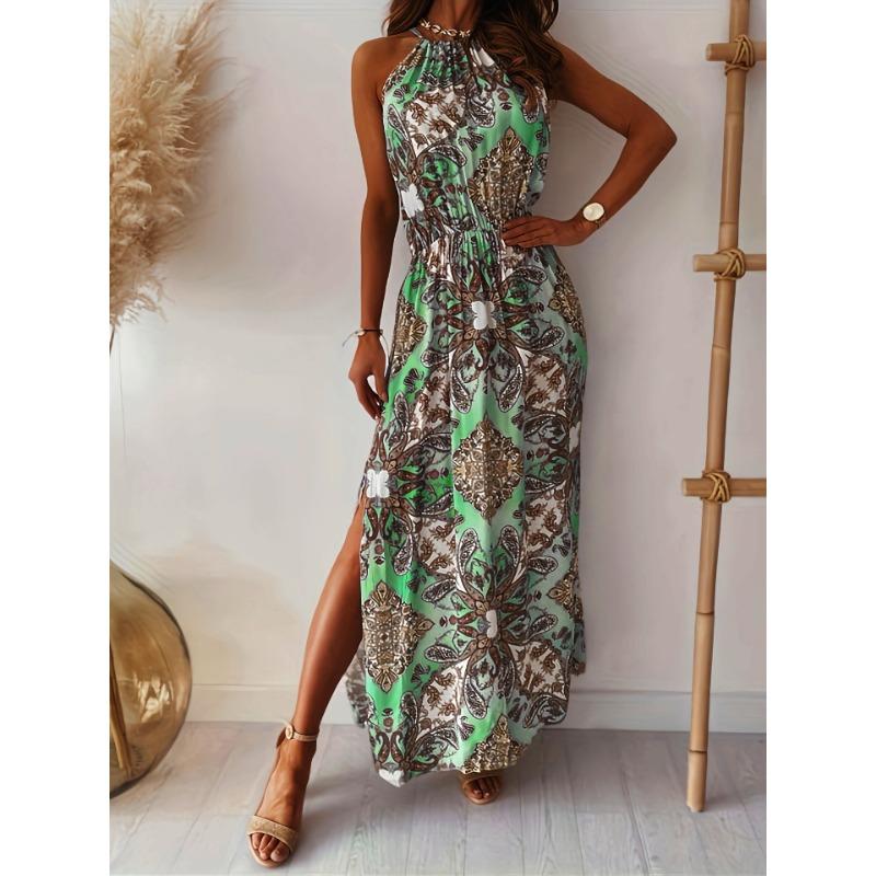 

Женское летнее платье с принтом и разрезом на талии S зелёный