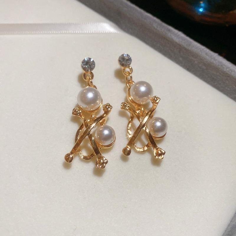 Diamond Set Round Cross Pearl Earrings Necklace Vintage Jewelry Set Light Luxury Premium Jewelry