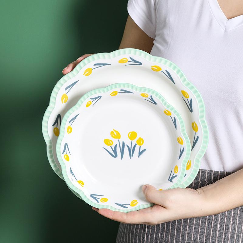 Flower Ceramic Bowl Set Household Tulip Underglaze Color Rice Bowl Vegetable Plate Plate Combination Tableware Set Tableware And Chopsticks