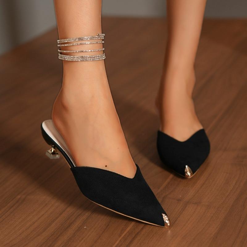 New Baotou Semi-slippers Women's Summer Wear Metal Pointed Toe Shallow Suede Non-slip Stiletto High Heels