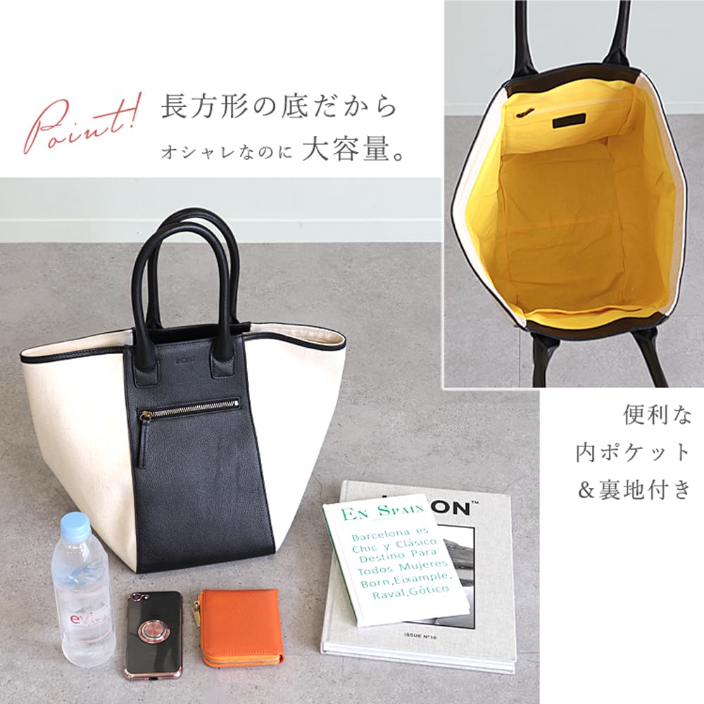 Swing Plus Leather Tote Genuine [SWINGPLUS] Bag, Handbag, Leather, Cotton, Canvas, Black, Ivory, Combination, M, L, Women's (Ivory, M)