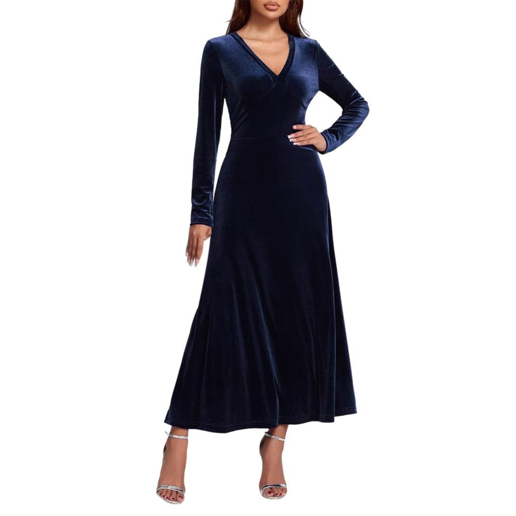 Women's Fashion Casual V-neck Velvet A-line Dress With Elegant Long Sleeves, Solid Color