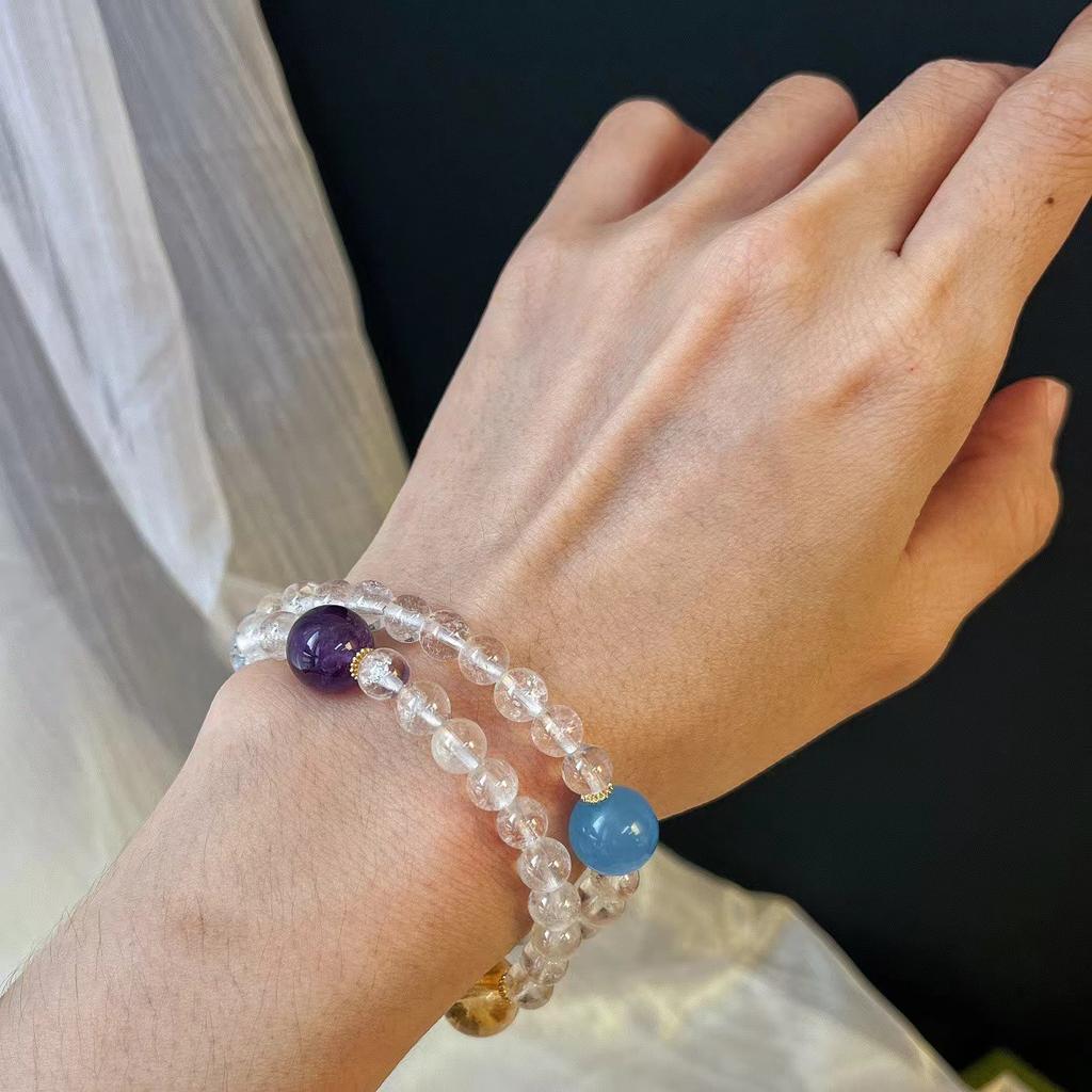 Vintage Natural White Crystal, Rose Quartz, Amethyst, Multi-Treasure Multi-Circle Beaded Bracelet, Niche High-End Bracelet Woman
