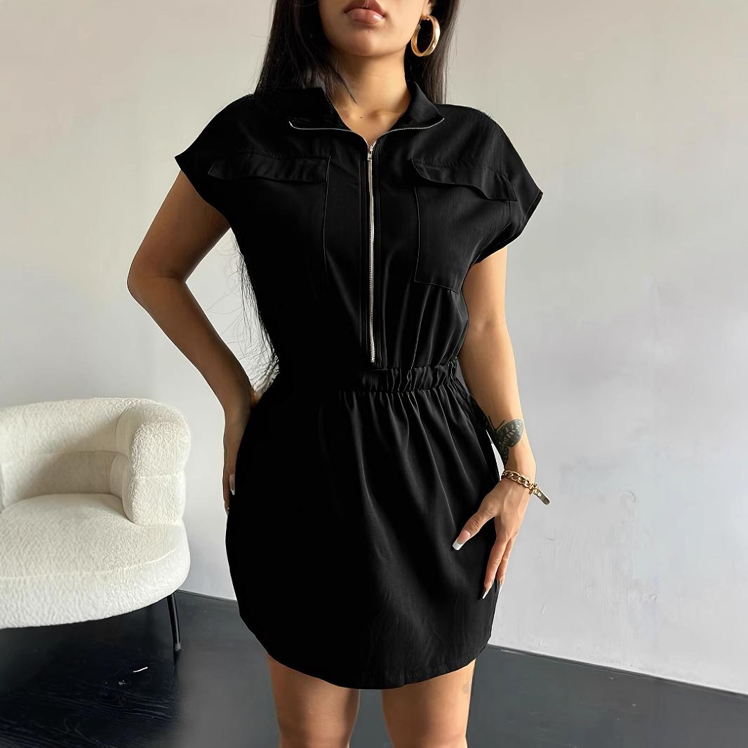 

Women s Military Green A-Line Dress with Front Pockets, Zipper Neckline, and Drawstring Waist XL чорний