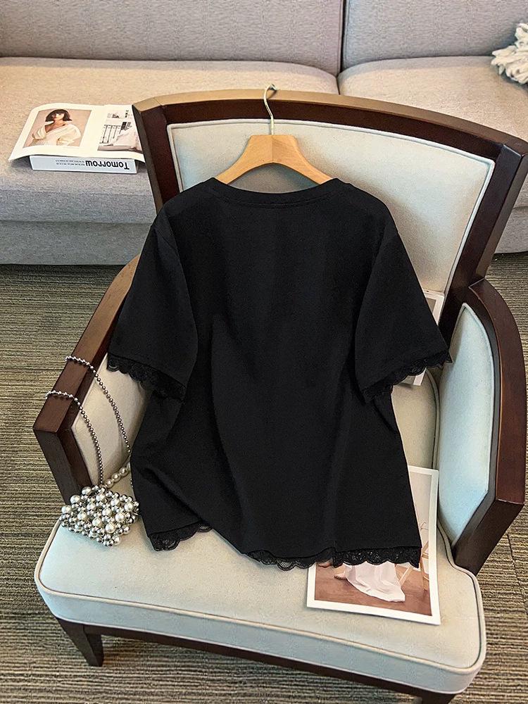 2026 Plus Size Rhinestone Lace Trim Short Sleeve Women's Top - Loose, Casual & Comfortable