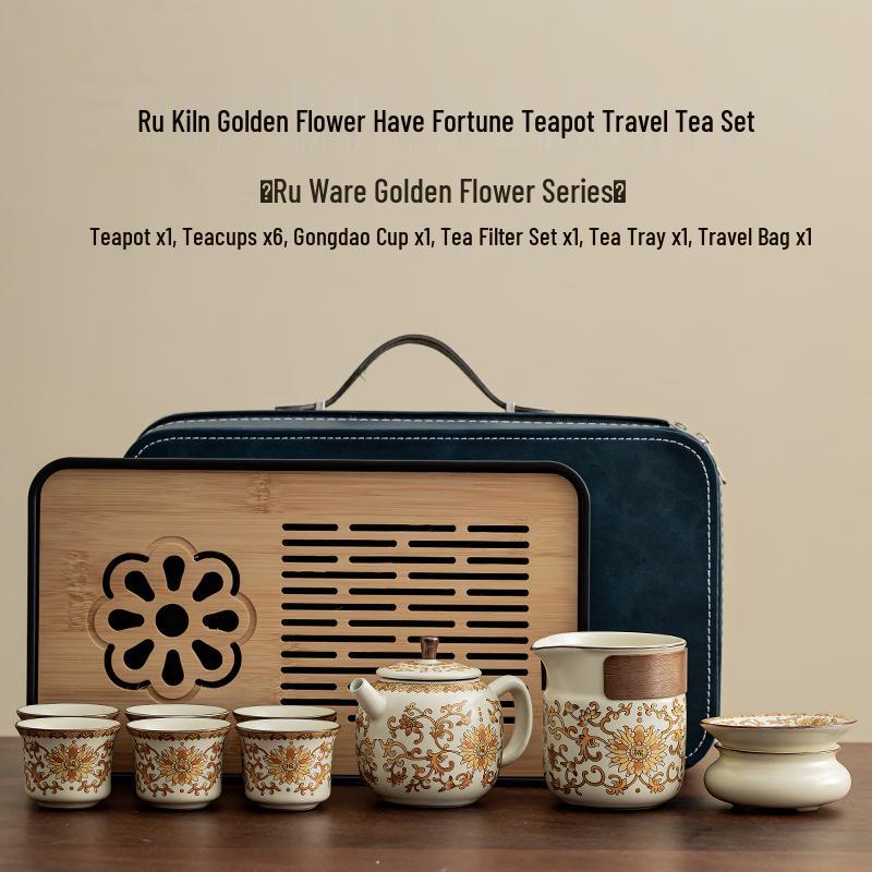

Портативный набор для чая из руской керамики с золотым цветком, чайник и поднос, с сумкой для хранения для путешествий