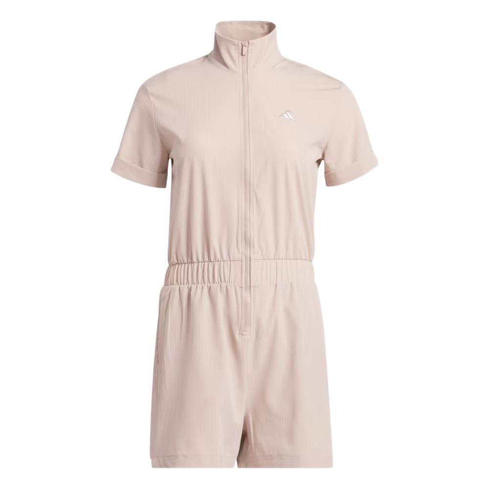 

adidas Women s Beige Short-Sleeve Zip-Up Romper with Elastic Waist JE7299 2XS
