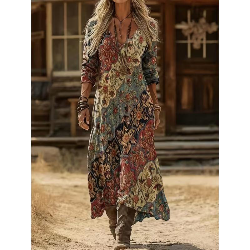 Creative Tie-dye Printing Women's New V-neck Long-sleeved Dress Medium and Long Dress