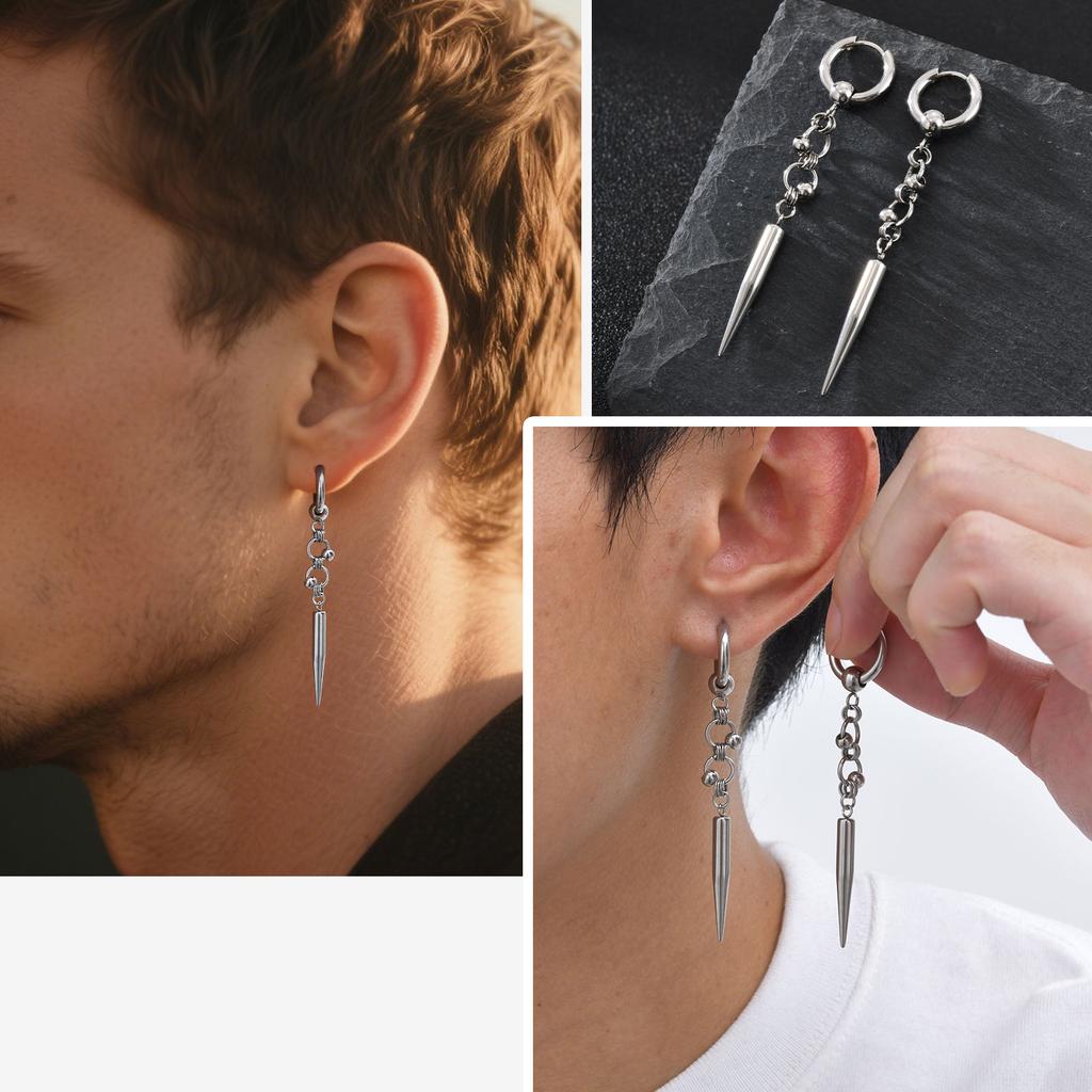 Stainless Steel Punk Gothic Cone Drop Earrings for Men, Fashion Silver Color Long Pendant Earrings, Vintage Hip-hop Jewelry