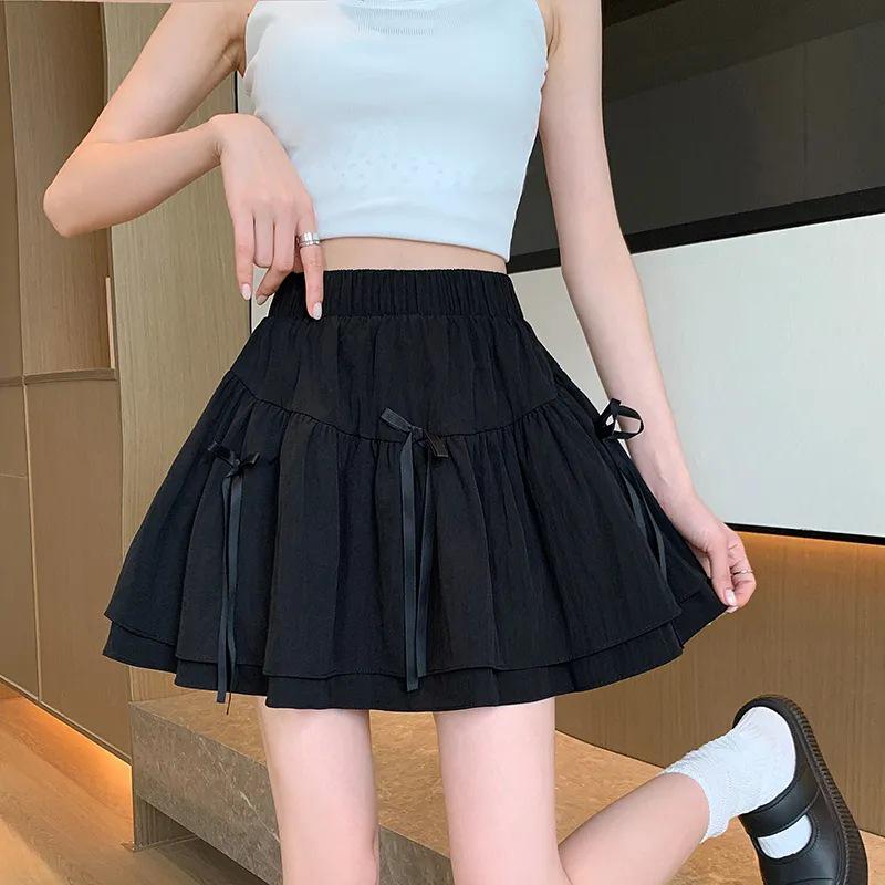 Letní nadýchaná sukně s vysokým pasem a mašlí se všitými bezpečnostními šortkami - Dámský design proti odhalení