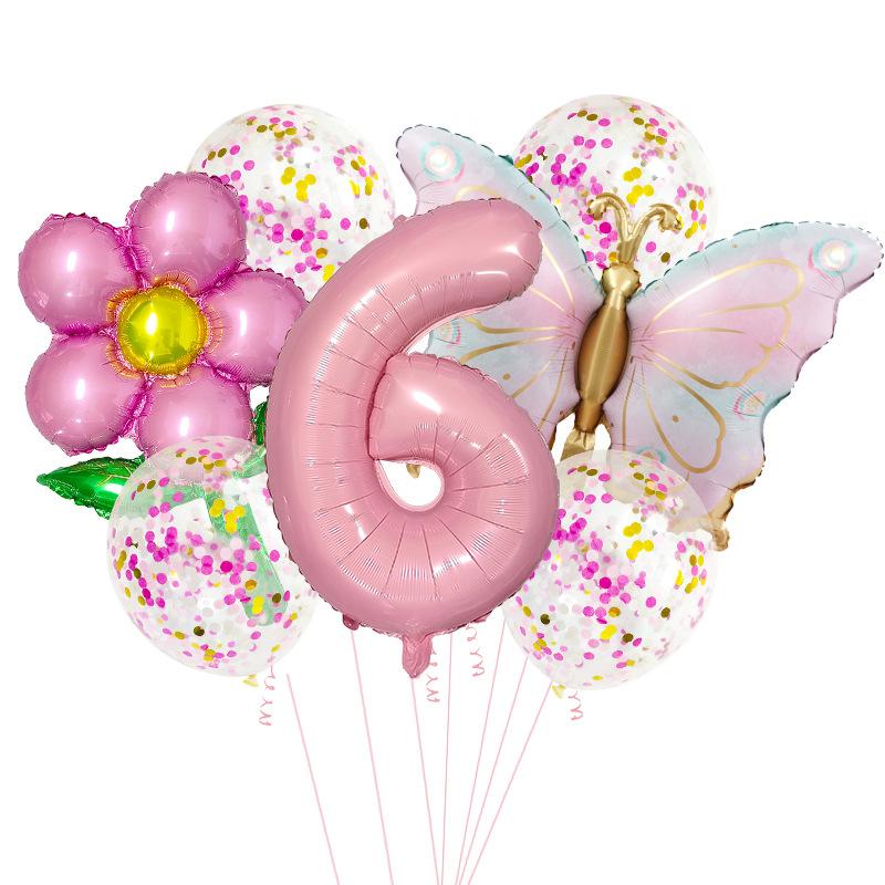1set Pink Butterfly Flower Transparent Sequin Balloon 32inch Number 1-9 Set Birthday Party Baby Shower Wedding Decoration