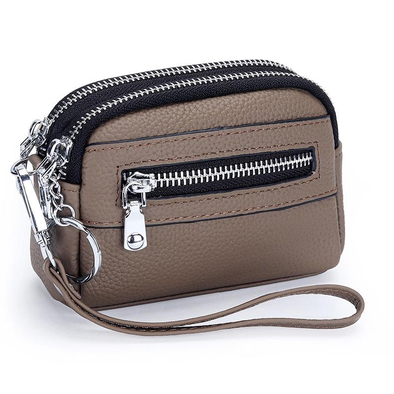 Women's Mini Clutch: Double Zipper Genuine Leather Coin Purse with Large Capacity - First Layer Cowhide