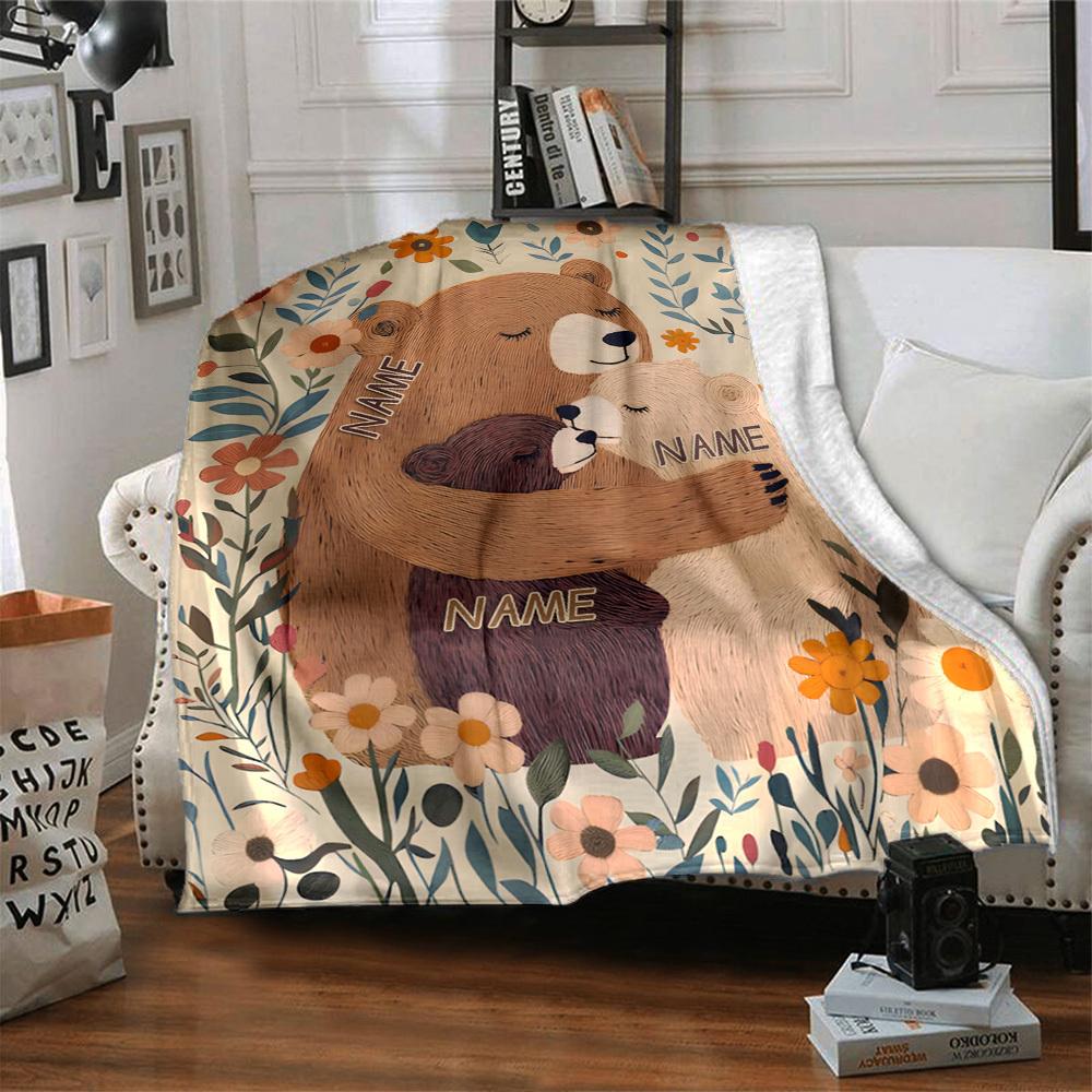 Bear Family Hug Floral Design Gift Personalized Blanket Personalized Text Durable Comfort Throw For Sofa Couch Office Bed Picnics Four Seasons