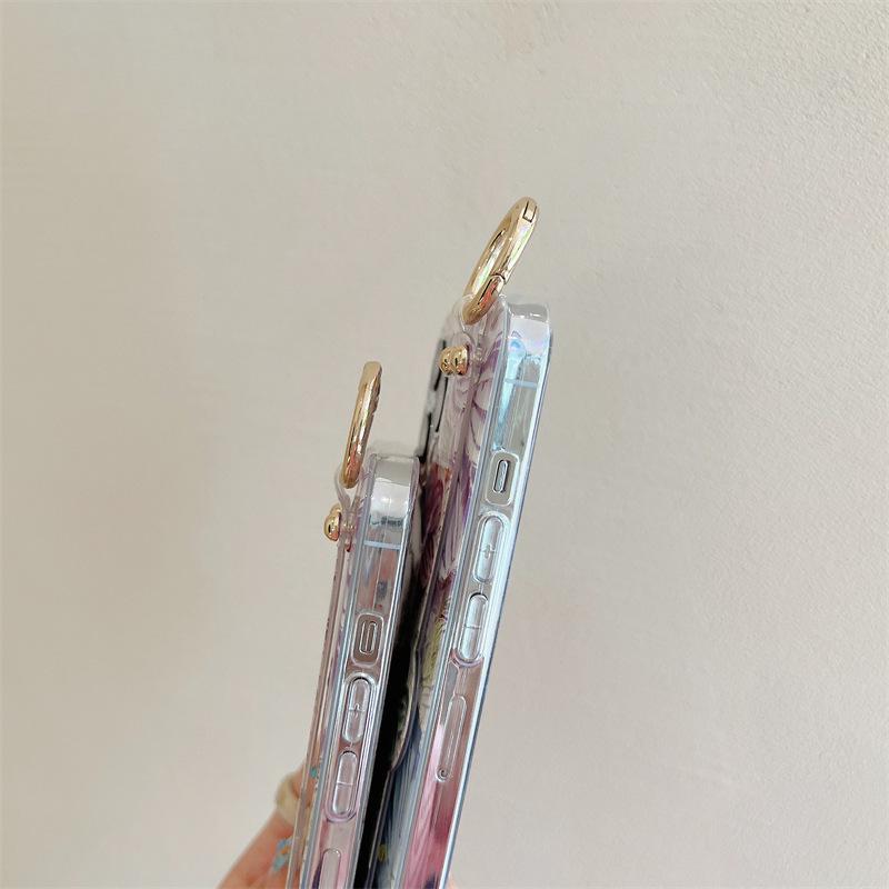 Oil Painting Flower Wrist Strap Diamond Phone Case For Iphone 16 15 Pro Max