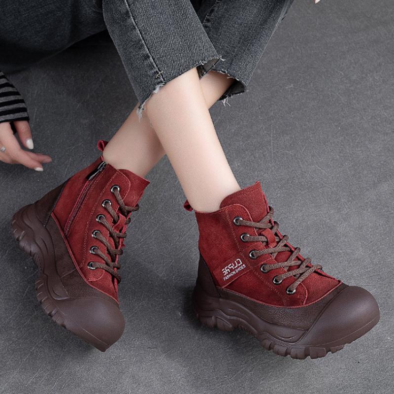 Johnature Cizme scurte calde de pluș de iarnă, retro, din piele naturală, de culoare uni, pantofi de damă, versatili, confortabili