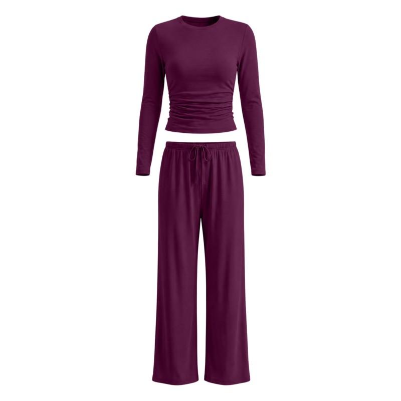 Womens Solid Color Casual Long Sleeve Top Pants Set Streetwear