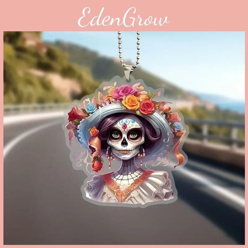 Acrylic Car Decor Halloween Skull Flower Hat Design Pendant For Auto Interior