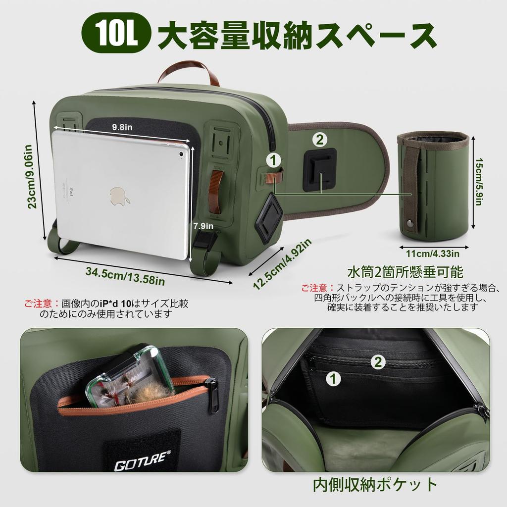Goture Fishing Bag, 10L Large Capacity, IPX8 Waterproof, 840D TPU Material, Ultra-Lightweight, Fly Fishing Tackle Bag, Multi-functional, Portable, Com
