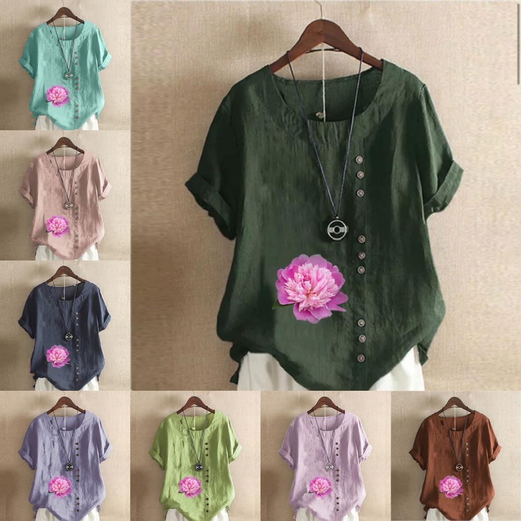 Women's Fashion Round Neck Short Sleeve T-shirt Casual Cotton Linen Graphic Shirt Flower Prined Summer Blouse Tops