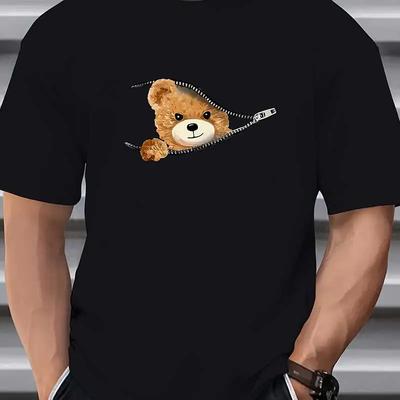 Mens Stylish Bear Pattern Tshirt Casual Cotton Blend Breathable Crew Neck Short Sleeve Tee for Outdoor Activities 2024