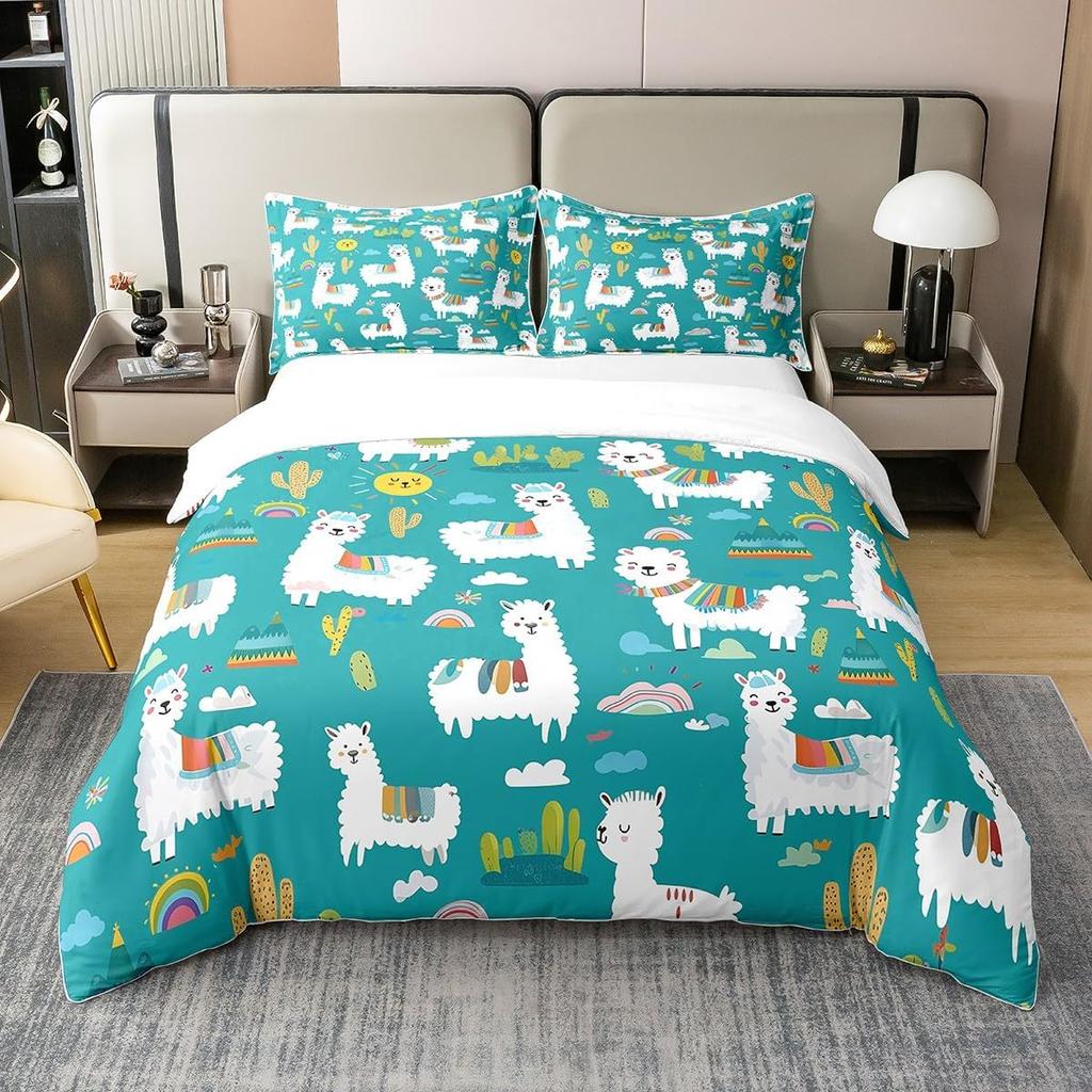 Alpacka Påslakan Queen King Size Tecknad Alpacka Sängkläder Set Lämpligt för Barn Tonårsflickor Sött Djurtryck Täckeöverdrag 3 Delar