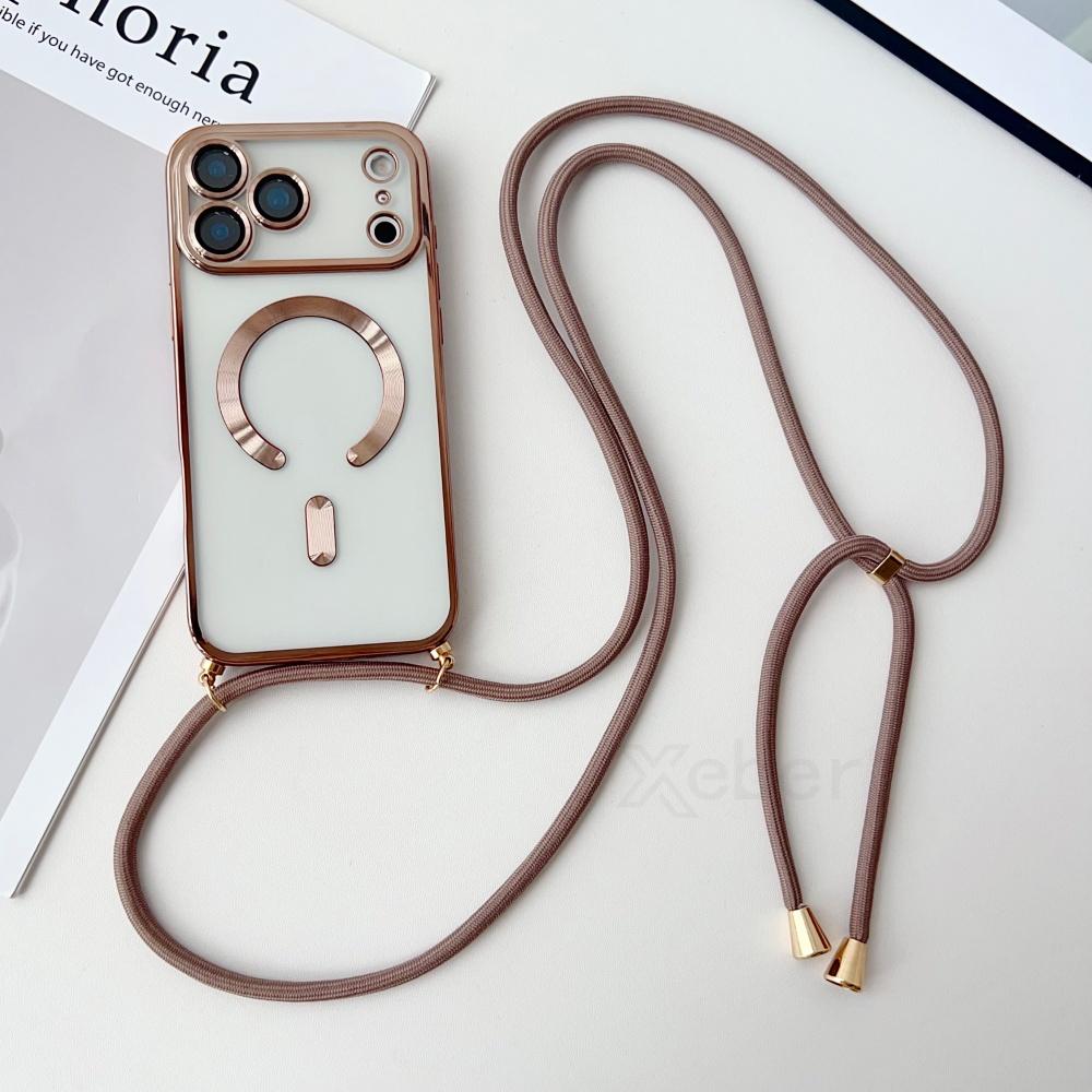

Crossbody Necklace Lanyard Plating Magnetic Case For iPhone 17 Pro Max 16 15 13 12 14 Plus Clear For Magsafe Soft Silicone Cover Case & Strap&iPhone 14 Pro