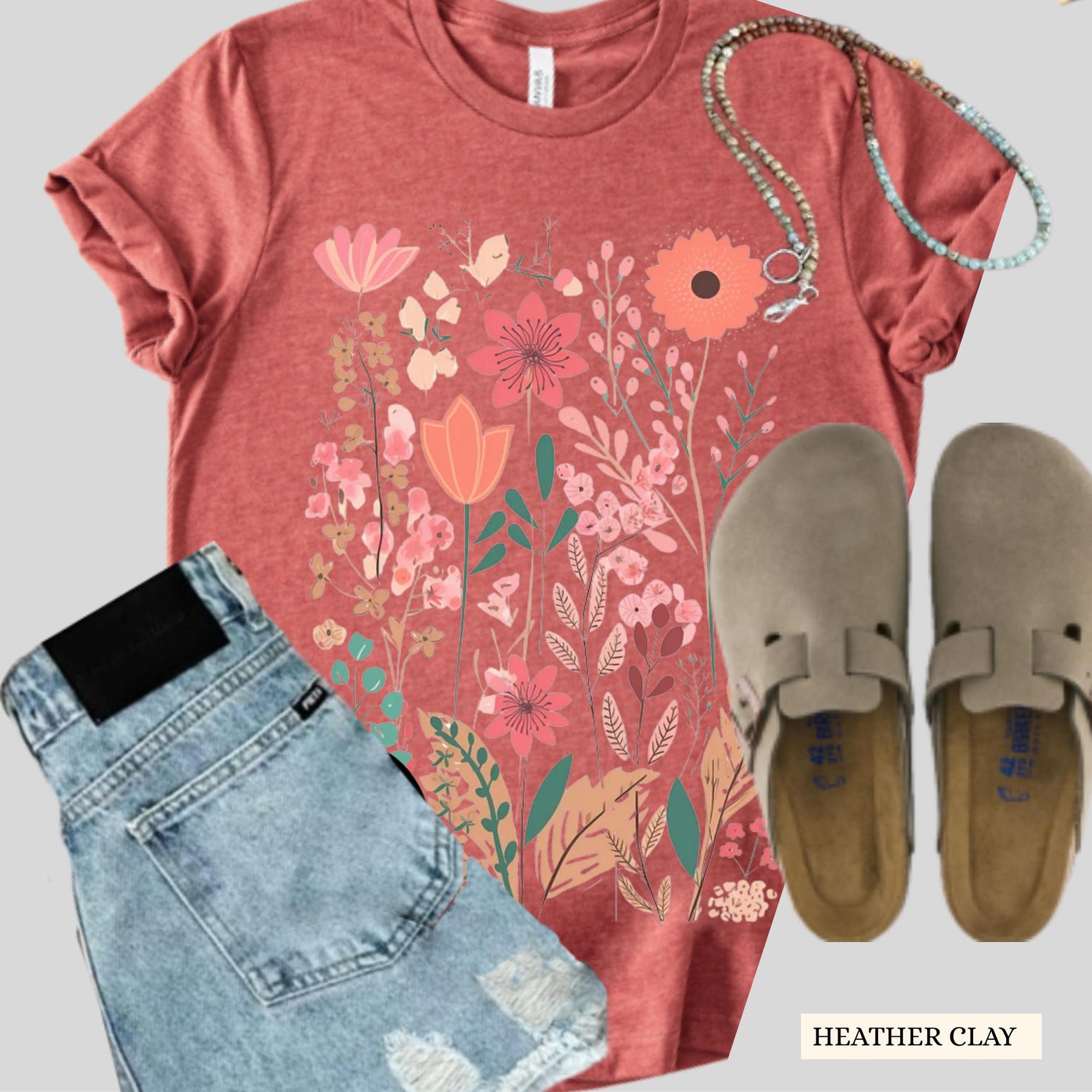 Orange Pink Floral Boho T-Shirt: Botanical Vintage Flower Tee XL