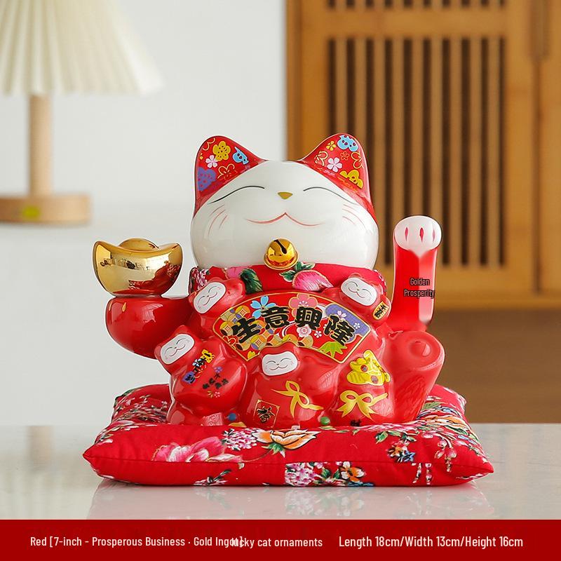 Electric Waving Lucky Cat Ceramic Ornament for Home, Living Room, Shop, or Cashier Desk.