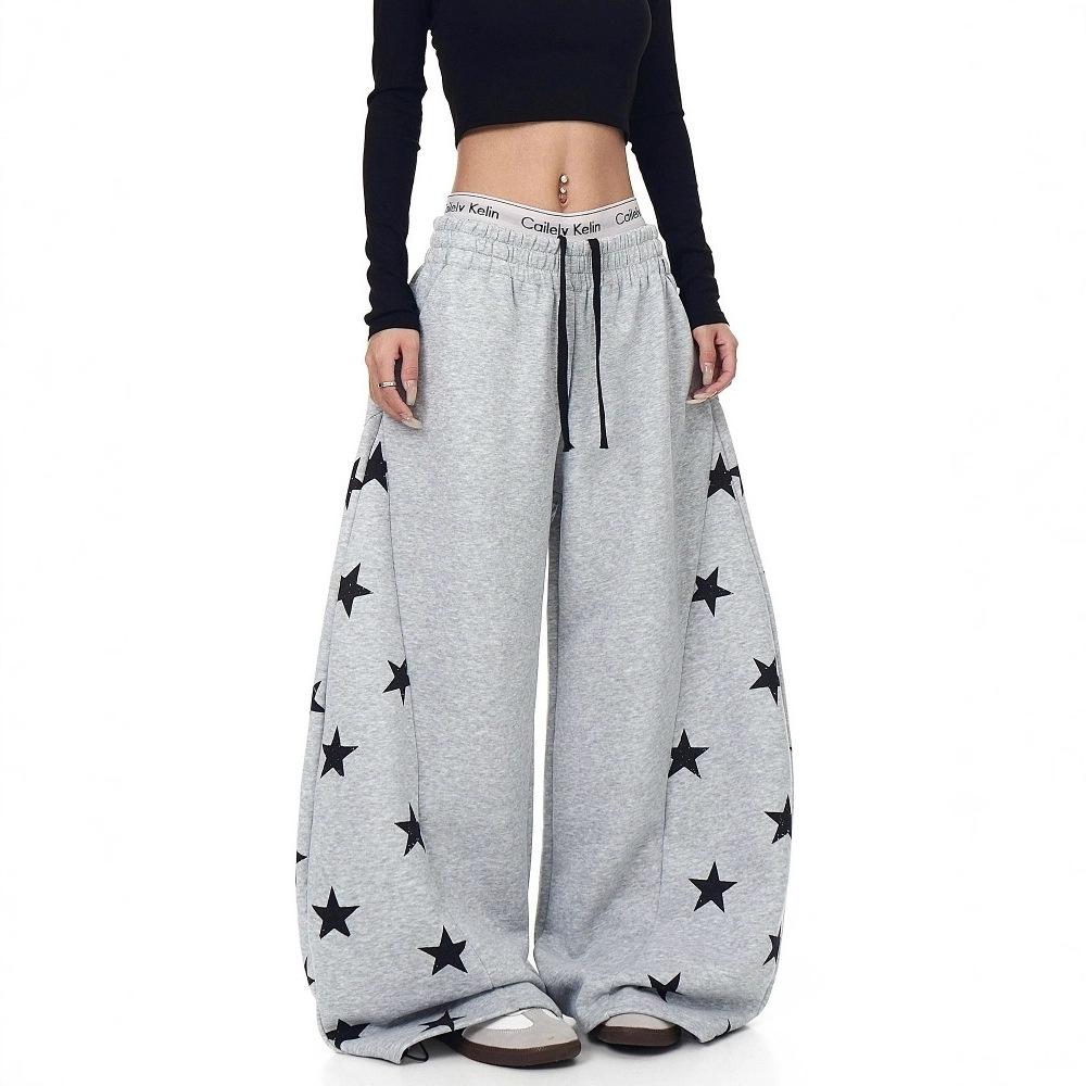 Korean retro contrasting color star printing scimitar sweatpants women's spring and autumn new jazz dance loose wide-leg long pants tide