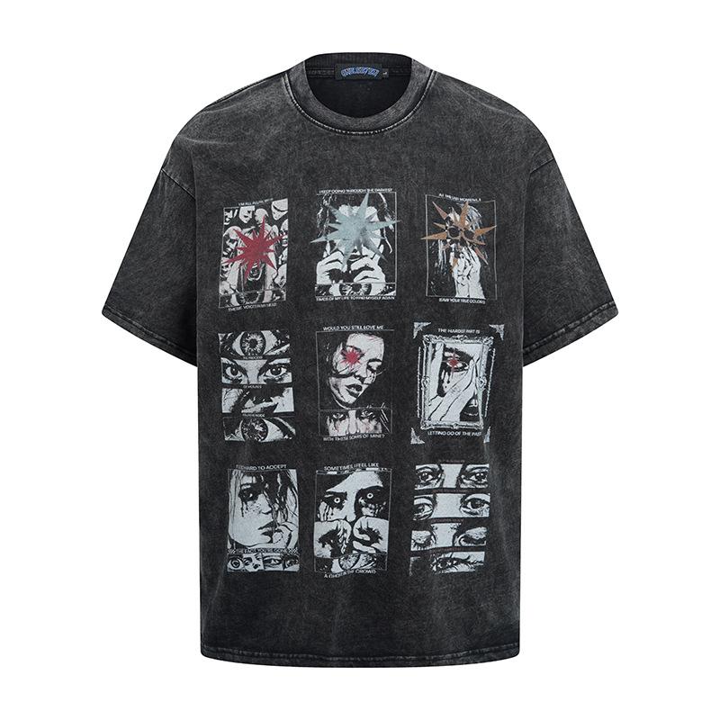 American Street Trend Men'S T-Shirt Hiphop Retro Doberman Print Loose Short-Sleeved Washed T-Shirt Men