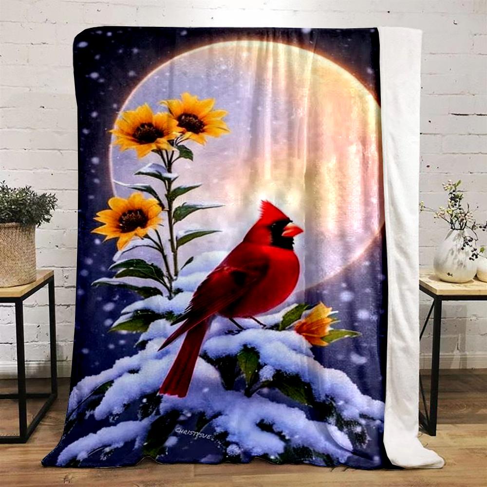 Red Cardinal Bird with Sunflowers In Snow Flannel Blanket for Bedroom, Living Room, Sofa, and Nap