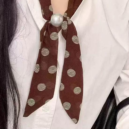 Women Scarf Imitation Pearl Buckle One-Piece Design Scarf Lightweight Chiffon Satin French Retro Black White Dot Neck Collar